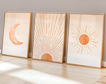 Sun Moon Boho Print Set of 3: Orange Celestial Wall Art for Neutral Boho Decor (Digital Download)