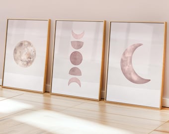 Moon Boho Wall Art Set of 3: Beige Celestial Prints for Neutral Home Decor (Digital Download)