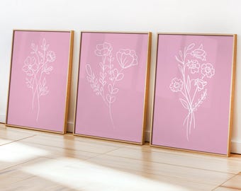 Pink Floral Wall Art Set of 3: Minimalist Botanical Line Art Print for Boho Home Decor (Digital Download)