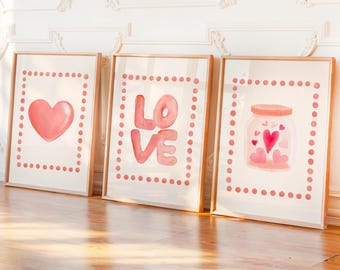 Love Red Hearts Print Set of 3: Watercolor Valentines Day Wall Art (Digital Download)