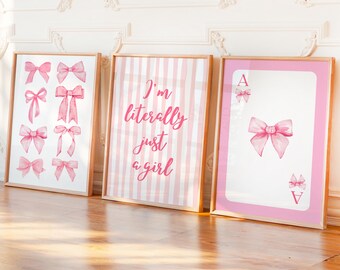 Pink Bows Watercolor Print Set of 3: Preppy Coquette Room Decor (Digital Download)