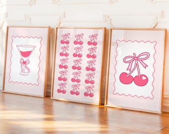 Set van 3 roze kersenprints: Roze cocktail muurdecoratie voor een preppy, meisjesachtige inrichting (digitale download)