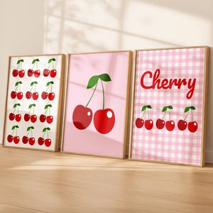 Red Cherry Print Set of 3: Pink Gingham Printable Wall Art (Digital Download) image 1