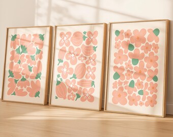 Orange Floral Print Set of 3: Abstract Flowers Wall Art for Boho Botanical Decor (Digital Download)