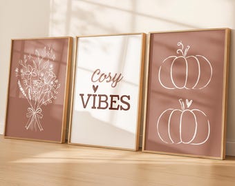 Autumn Line Art Prints Set of 3: Pumpkin Wall Art for Cozy Autumn Decor (Digital Download)