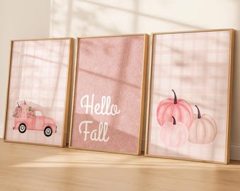 Pink Fall Wall Art Set of 3: Autumn Pumpkin Print for Cozy Fall Decor (Digital Download)