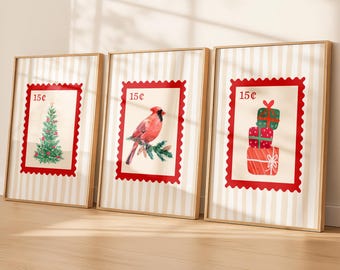 Christmas Stamp Print Set of 3: Red Christmas Wall Art for Retro Holiday Decor (Digital Download)