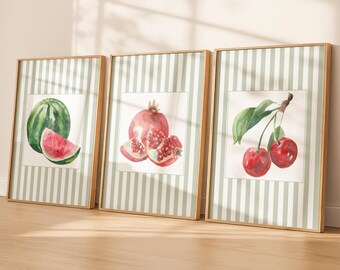 Cherry Stripes Print Set of 3: Watercolor Fruit Wall Art for Cottagecore Kitchen Decor (Digital Download)