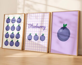 Blueberry Wall Art Set of 3: Purple Gingham Print for Berries Fruits Decor (Digital Download)
