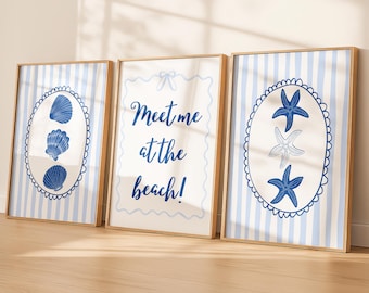 Conjunto de 3 gravuras com estilo praiano preppy: Arte de parede azul marinho para decoração de verão (Download digital)