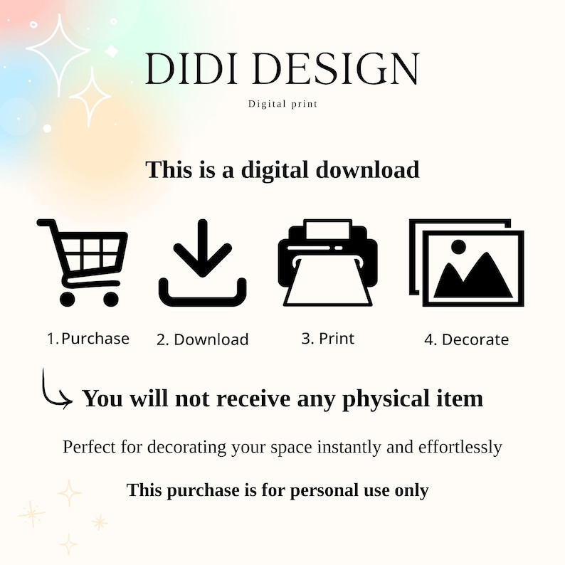 May include: Digital print design with the text "DIDI DESIGN" and instructions: Purchase, Download, Print, and Decorate. The text "This is a digital download" and "You will not receive any physical item" are also included.