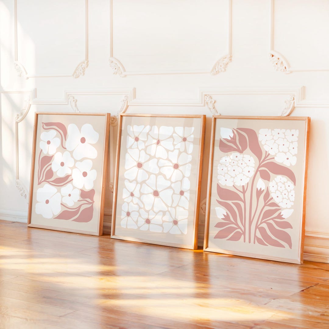 Blush Pink Abstract Flowers Wall Art Set of 3 – Boho Floral Art ...