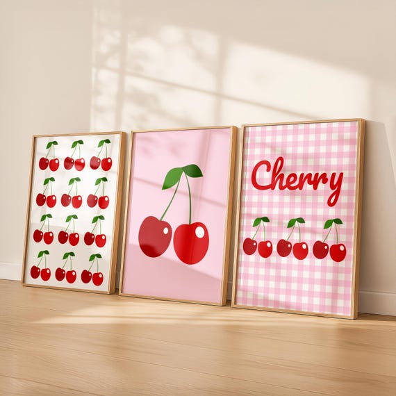 Red Cherry Print Set of 3: Pink Gingham Printable Wall Art (Digital Download)