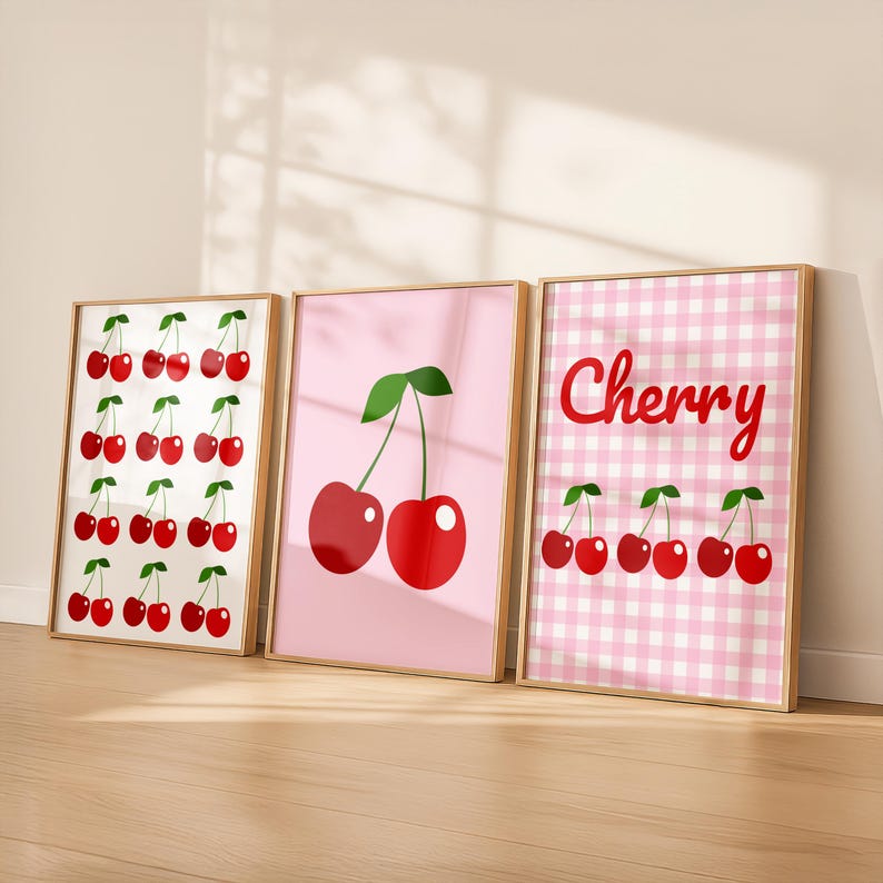 Red Cherry Print Set of 3: Pink Gingham Printable Wall Art (Digital Download) image 1