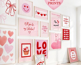 Juego de 15 láminas decorativas para pared con temática de San Valentín: Láminas para el Día de San Valentín para una decoración romántica en tonos rosas (Descarga digital)