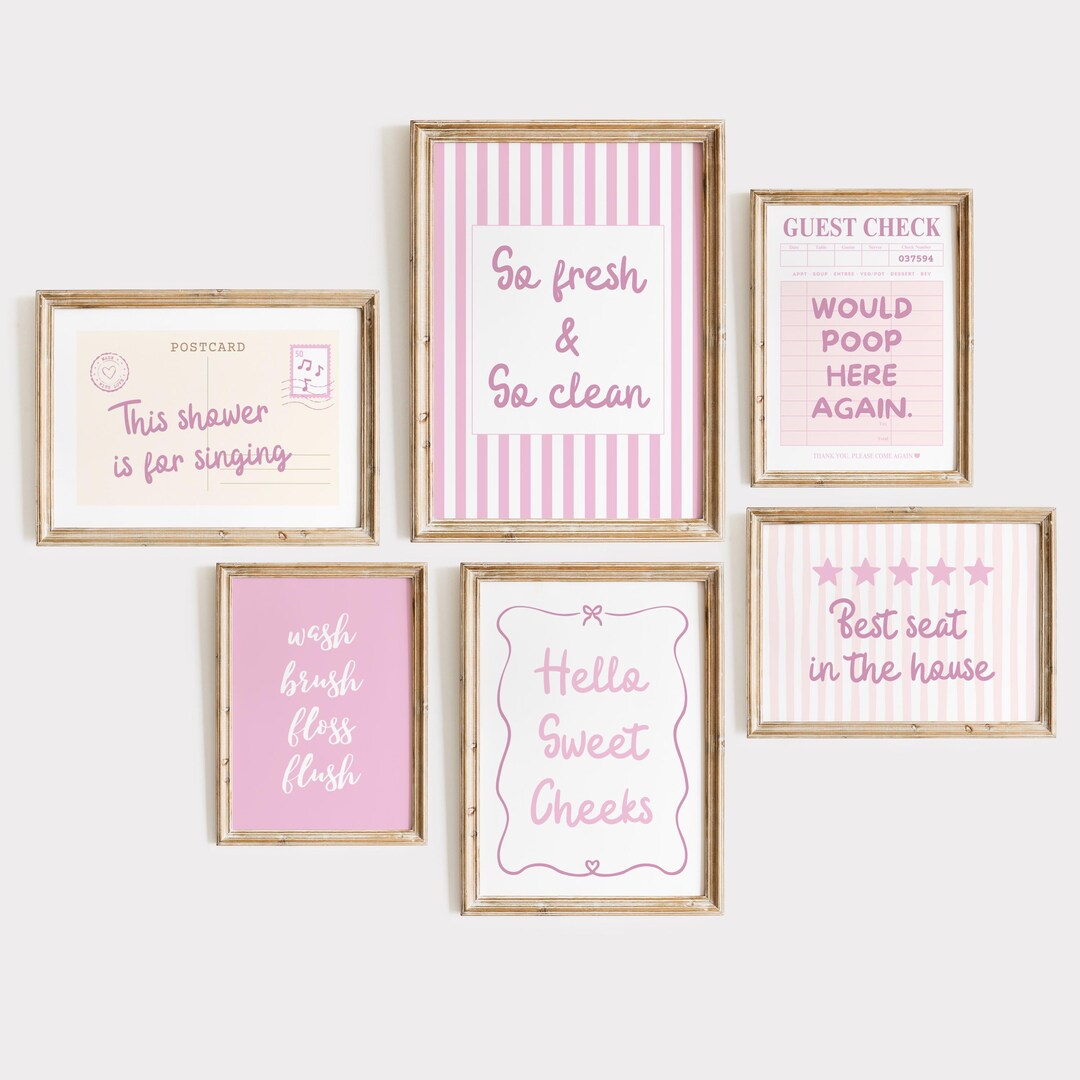 Pink Bathroom Gallery Wall Art Set of 6: Funny Bathroom Decor (digital ...
