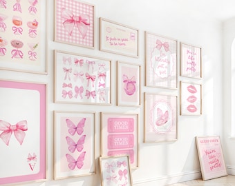 Pink Bows Watercolor Gallery Wall Art Set of 15: Girly Coquette Room Decor (Digital Download)
