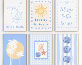 Conjunto de 6 peças de arte de parede com tema costeiro azul: decoração de praia, estampa feminina de verão (download digital)