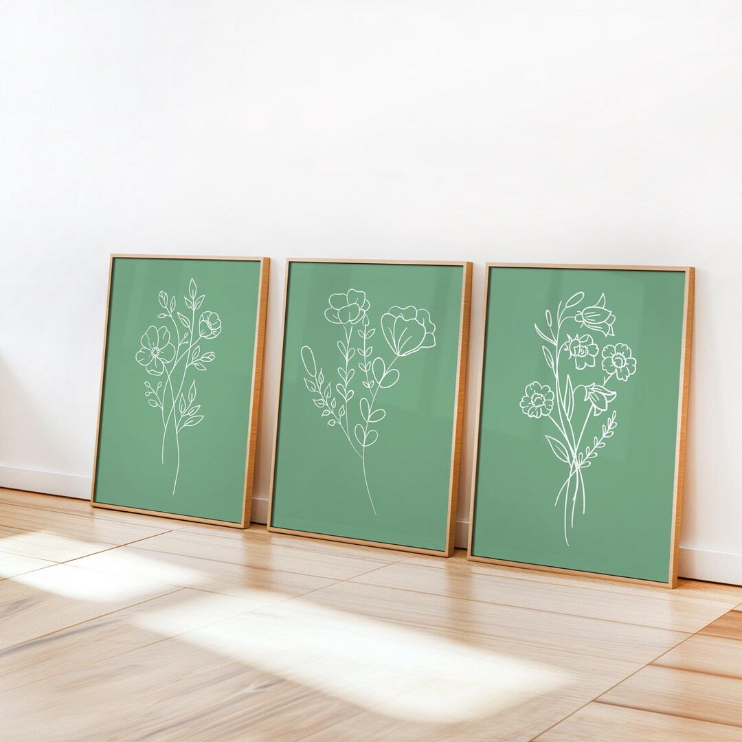 Boho Sage Green Floral Print Set of 3: Minimalist Botanical Wall Art ...