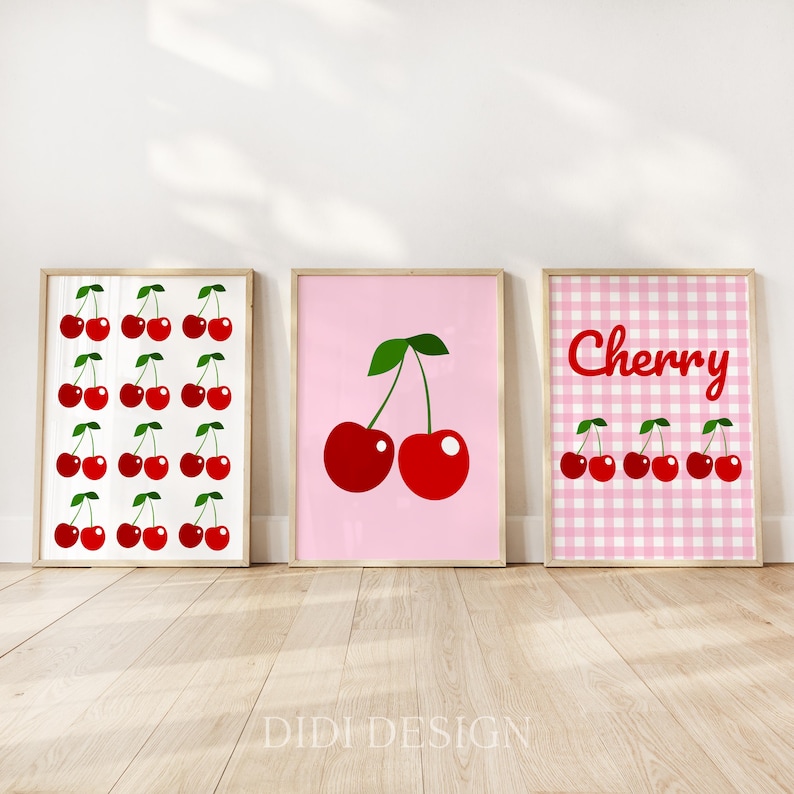Red Cherry Print Set of 3: Pink Gingham Printable Wall Art (Digital Download) image 8