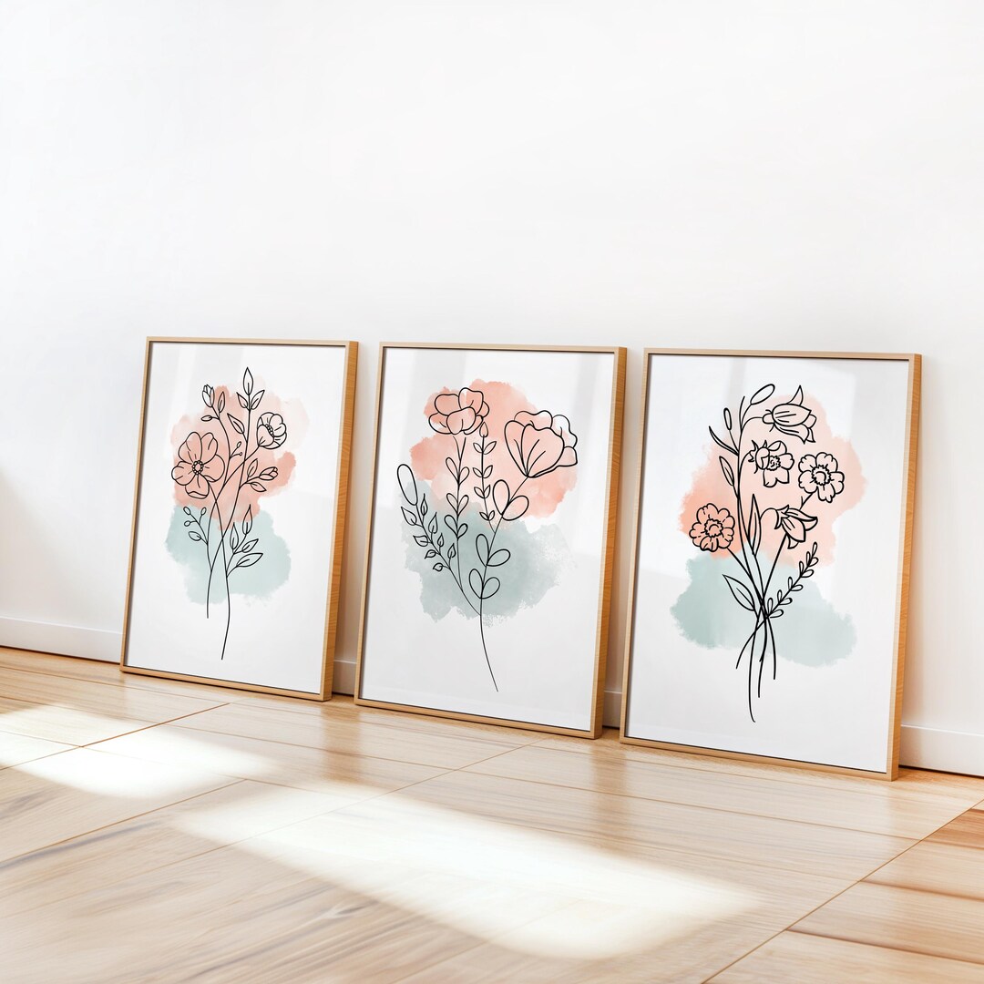 Boho Floral Wall Art Set of 3: Minimal Line Art Botanical Print ...