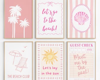 Conjunto de 6 pôsteres decorativos de parede com tema costeiro rosa: decoração feminina para praia, pôster de verão (download digital)