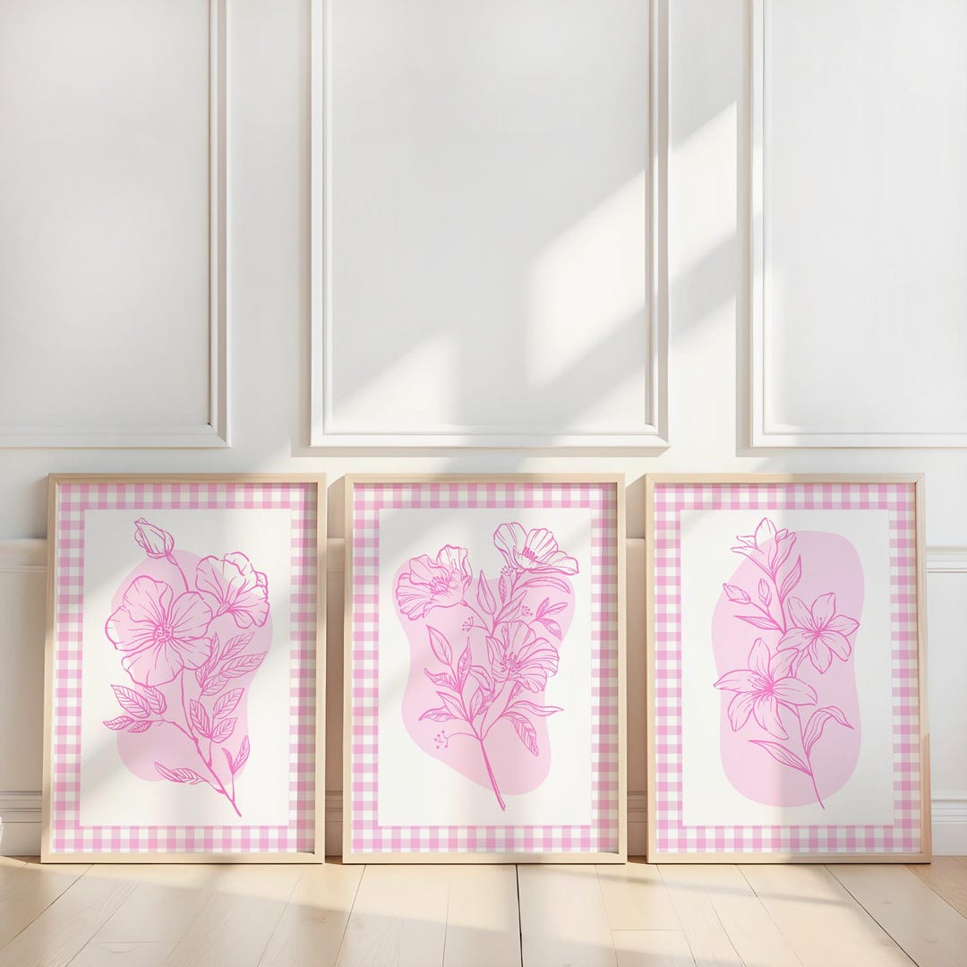 Pink Floral Line Art Set of 3 Print: Gingham Boho Botanical Wall Art ...