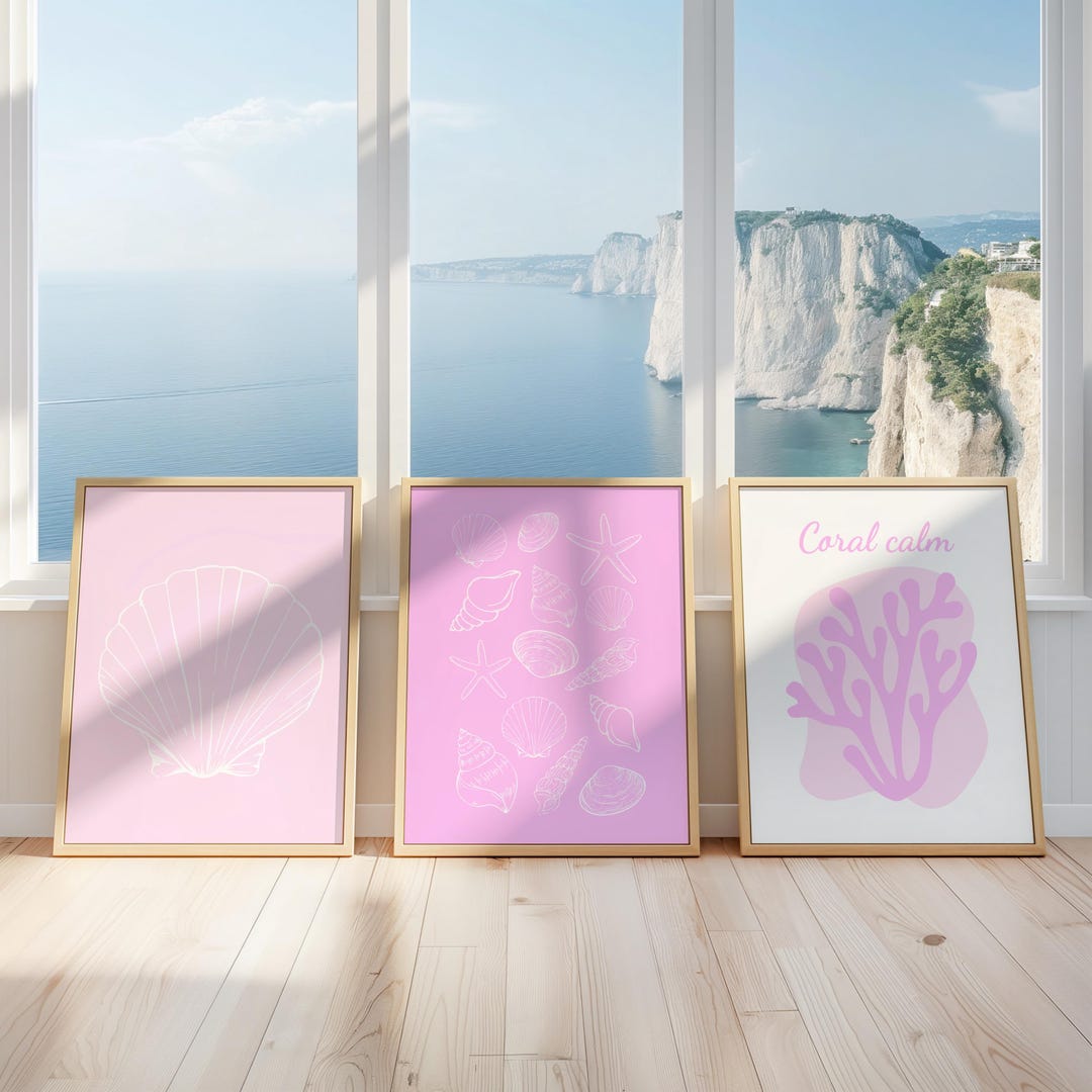 Set of 3 Coastal Wall Decor – Shell, Coral and Starfish Prints – Pink ...