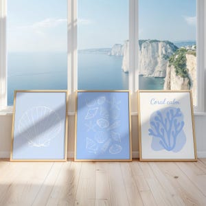 Print Coastal Wall Art Set of 3 – Shell, Coral and Starfish Printable Posters – Blue Beach & Sea Decor for Summer ambiance