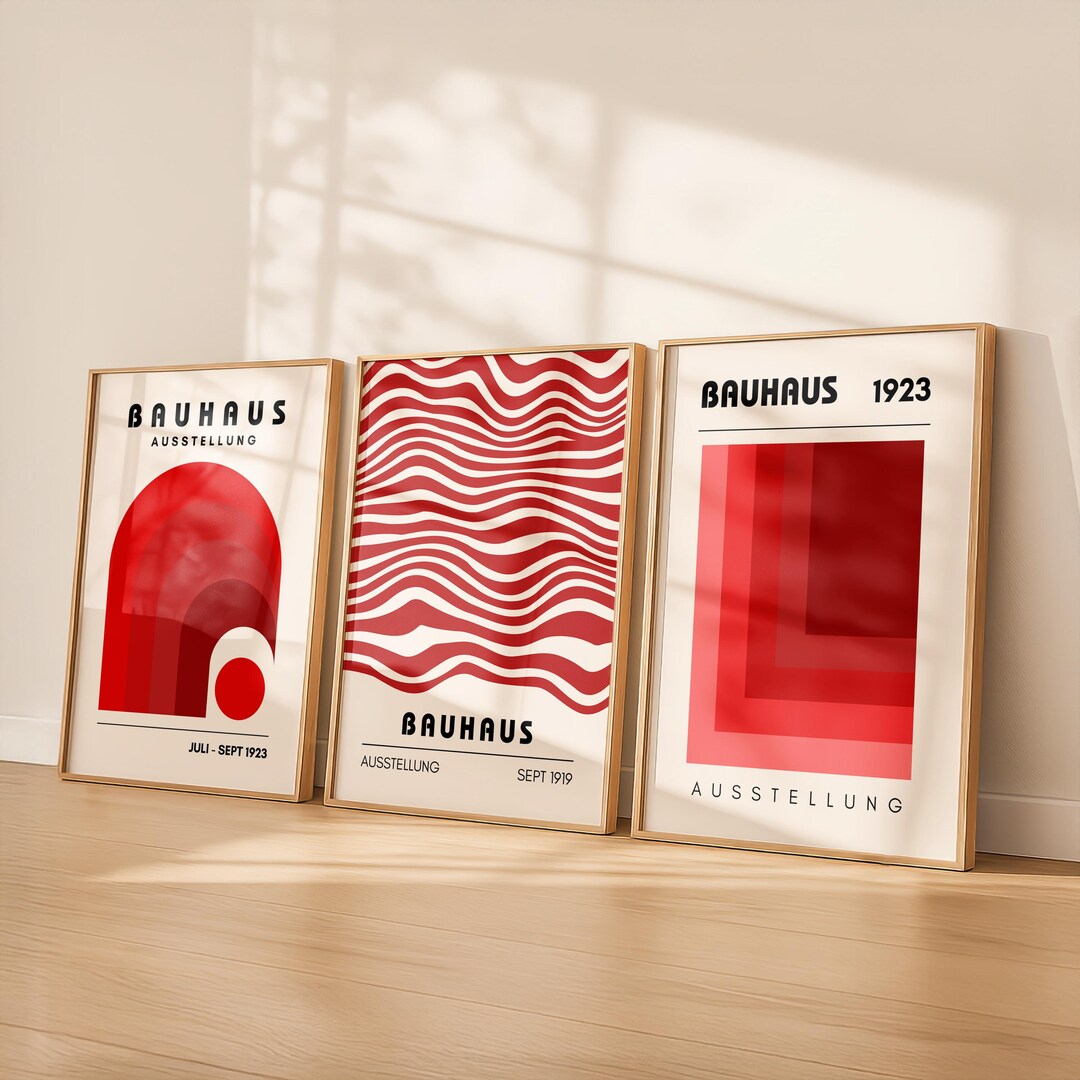 Red Bauhaus Print Set of 3: Abstract Mid Century Modern Wall Art ...