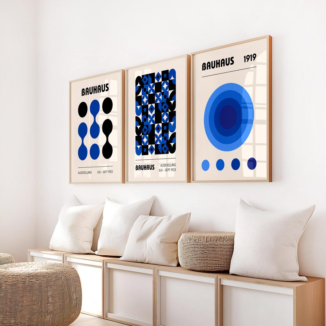 Bauhaus Blue & Black Print Set of 3: Abstract Mid Century Modern Wall ...