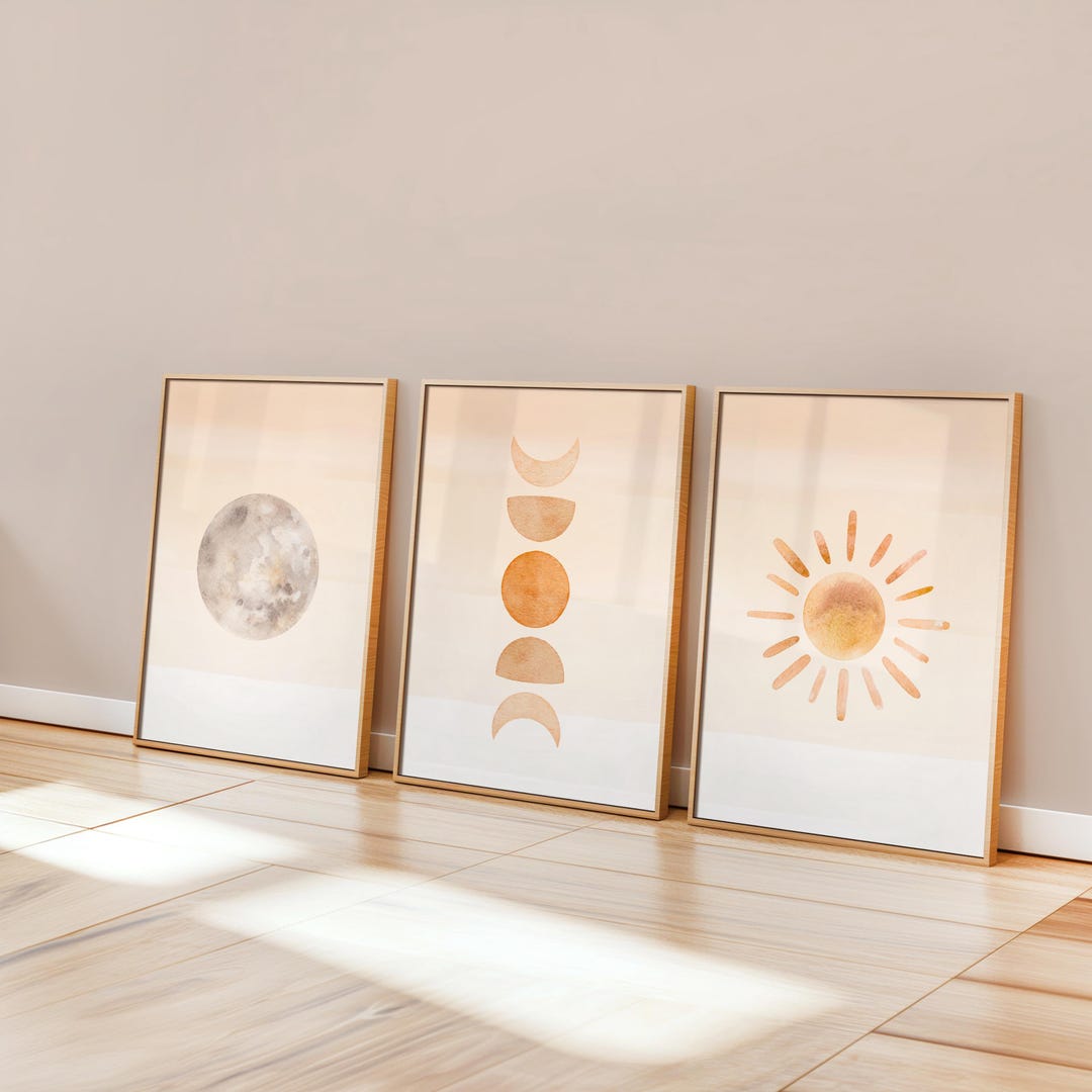 Sun Moon Phases Boho Print Set of 3: Neutral Celestial Wall Art ...
