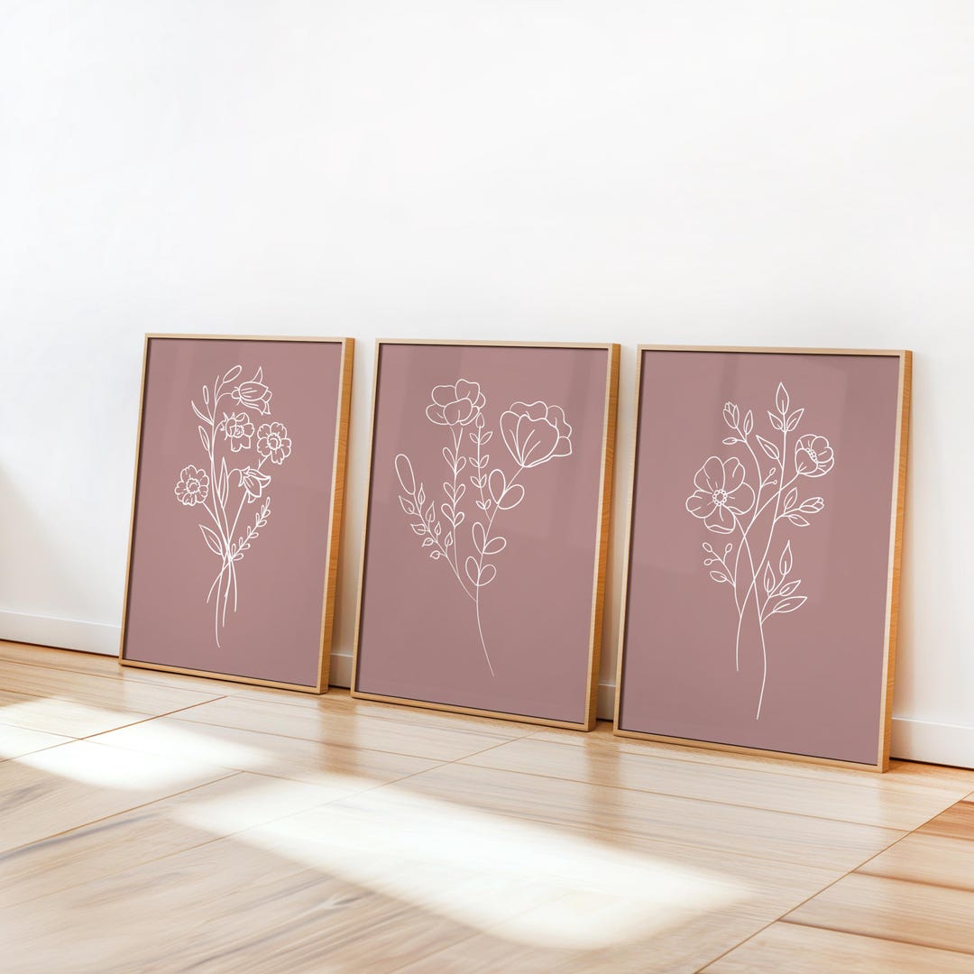 Brown Botanical Line Art Set of 3 Print – Minimalist Floral Wall Art ...