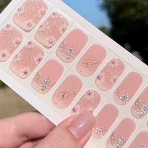 Fall Gel Nail Wraps - Blush Pink with Cherry Blossom & Glitter Accents, Semi-Cured Gel Strips Kit, Gel Wraps with Sparkle, No UV Needed