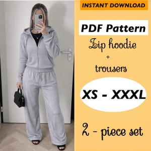 Puede incluir: Conjunto de sudadera con capucha con cremallera y pantalón a juego de color gris claro. El conjunto es de 2 piezas y está disponible en tallas XS a XXXL. La imagen también incluye el texto "PDF Pattern" y "Instant Download".