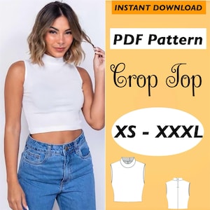 May include: A white ribbed crop top with a mock neck. The image includes the text "PDF Pattern" and "Crop Top" with size range "XS - XXXL". The model is wearing blue jeans.