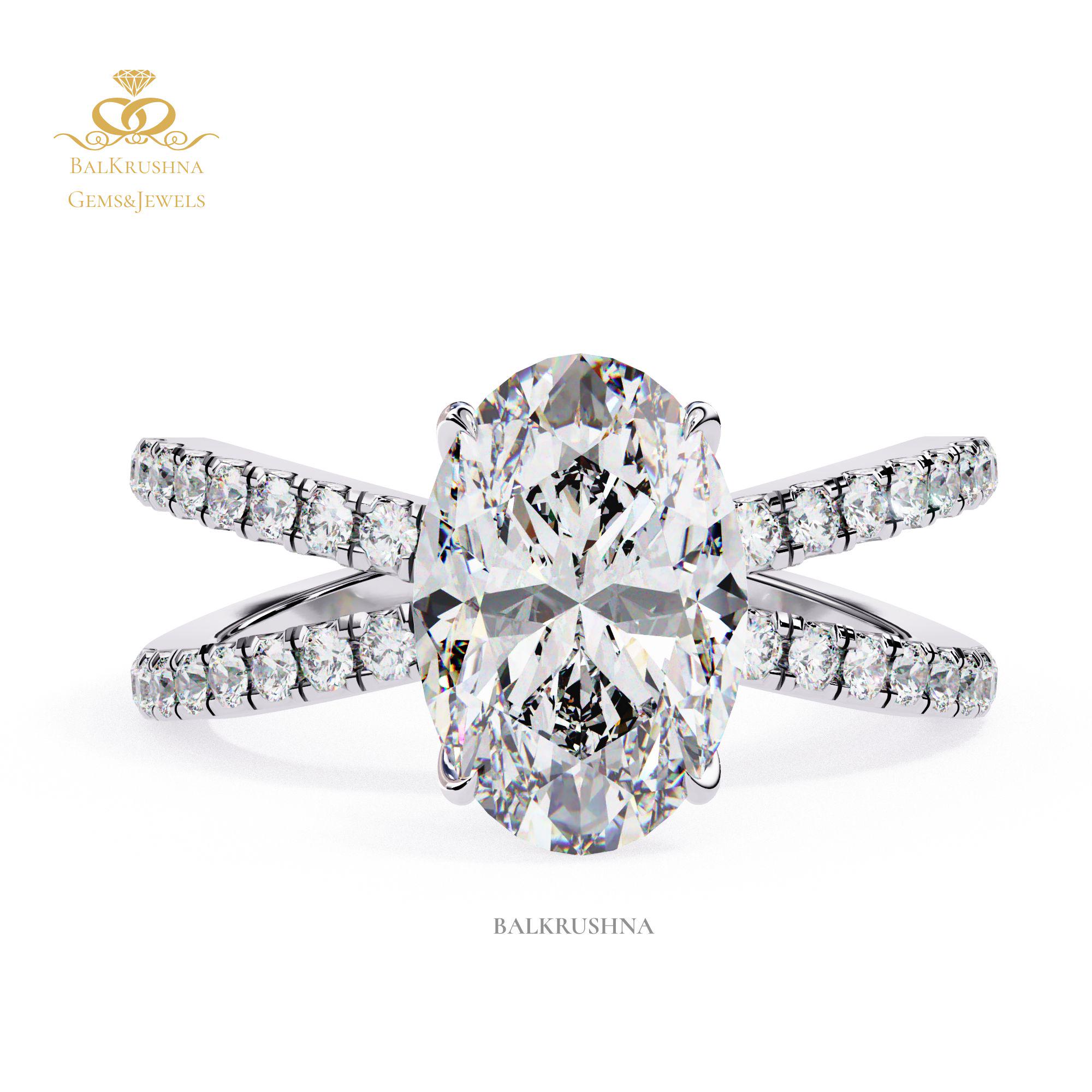 2.0ct Oval Moissanite Engagement Ring: Crown Setting, Split Shank 
