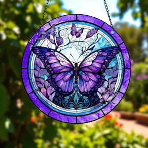 Purple Blue Butterfly Faux Stained Glass Suncatcher,Window Door Hanging Pendant,Spring Summer Garden Decor,Mother’s Day Gift, Christmas Gift