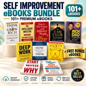 May include: A collection of self-improvement books including Think and Grow Rich, The Intelligent Investor, How to Win Friends and Influence People, The 5 AM Club, Rich Dad Poor Dad, Deep Work, How Successful People Think, The Power of Habit, Start With Why, and How I Made My First Million.