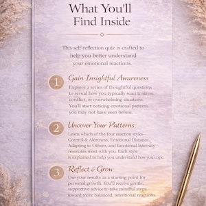 Peut inclure: Un quiz de développement personnel intitulé « Ce que vous trouverez à l'intérieur ». Il explore les réactions émotionnelles, notamment la conscience perspicace, la découverte des schémas et la croissance personnelle. Un stylo doré est visible.