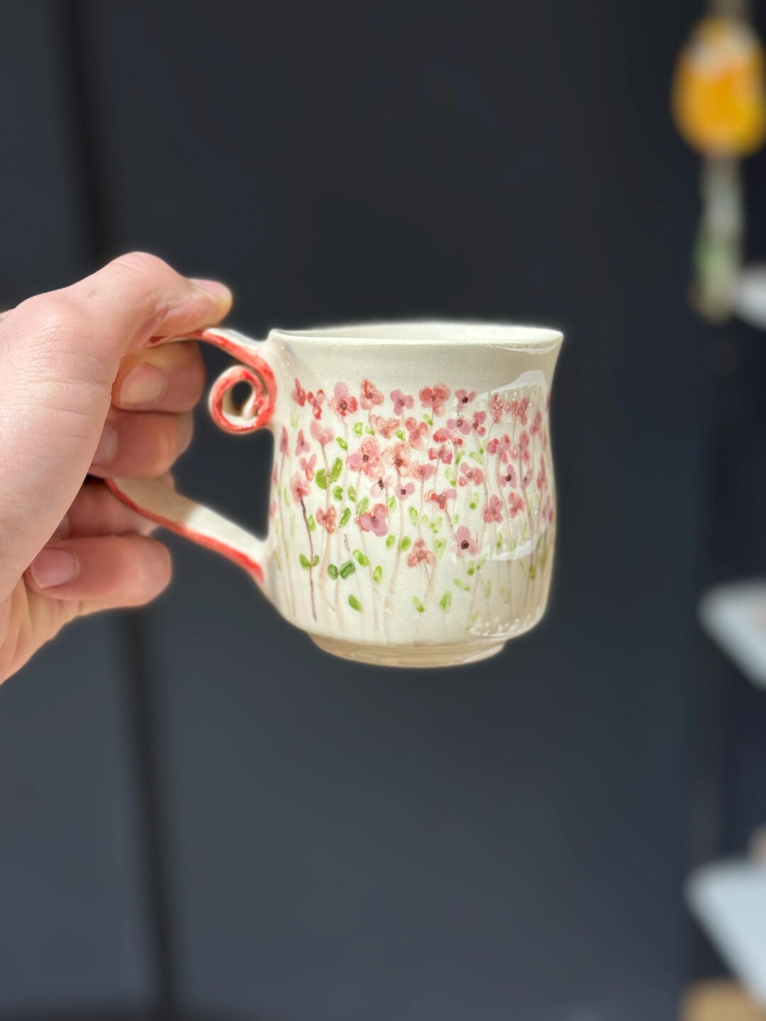 Handmade Ceramic Mug – Pink Flower Field & Red Stripe Design - Etsy