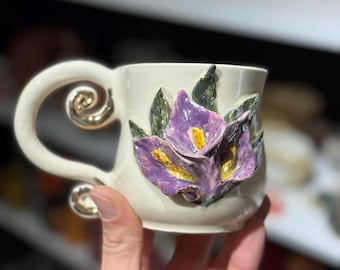 Handmade Floral Ceramic Mug: Gold Luster Coffee Cup, Gift for Her