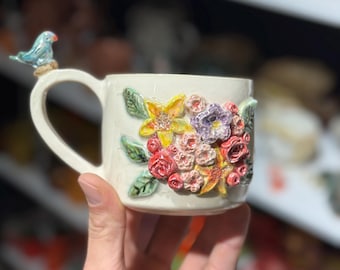 Handmade Floral Ceramic Mug with Gold Luster Accents
