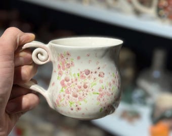 Handmade Floral Ceramic Mug – Hand Painted Pink Blossom Cup – Wheel Thrown Ceramic