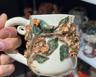 Handmade Ceramic Mug: 3D Floral Pottery with Gold Luster