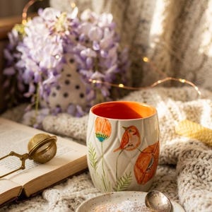 Puede incluir: Una taza de cerámica con interior naranja y diseño floral y de pájaros. La taza está sobre una manta acogedora junto a un plato con galletas y una cuchara. Un libro y un infusor de té también están en la imagen.