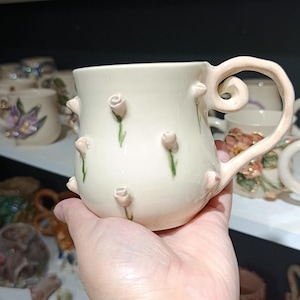 Hand-sculpted Ceramic Rose Coffee Mug, 3D Floral Pottery Cup, Cottagecore Tea Mug
