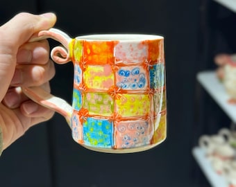 Tazza in ceramica colorata fatta a mano - Design patchwork dipinto a mano, tazza da caffè in ceramica artistica da 350 ml