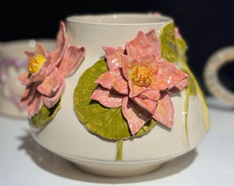 Handmade Ceramic Vase with Lotus Flower – 15 cm Wheel Thrown Nature Inspired Pottery