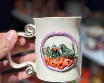 Handmade Ceramic Mug: 3D Floral Pottery with Gold Luster